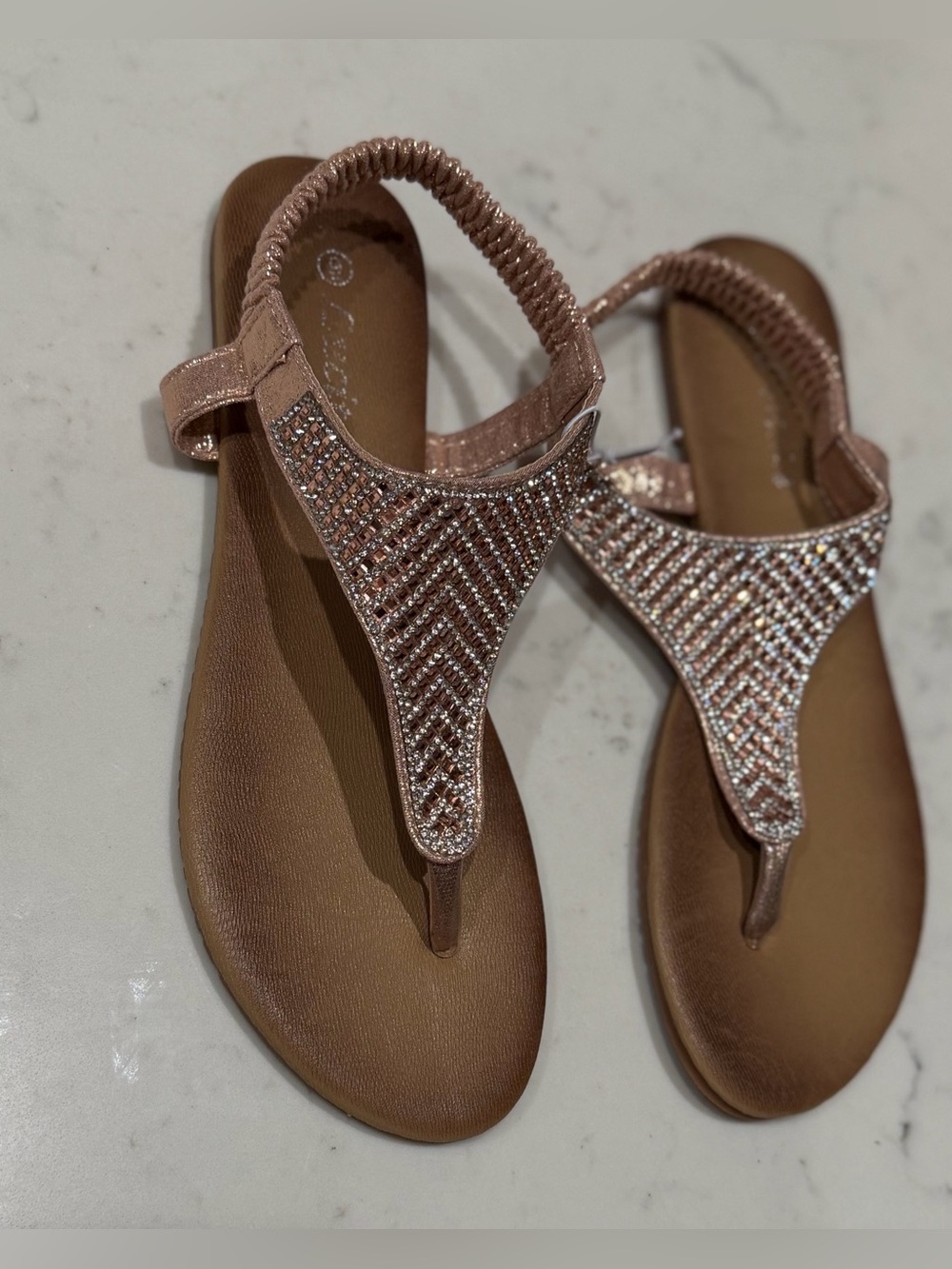 Lucita Rose Gold Jeweled T-Strap Sandals